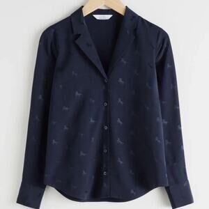 & Other Stories Navy Blue Button Down Blouse Horse Print Dress Shirt US 4
